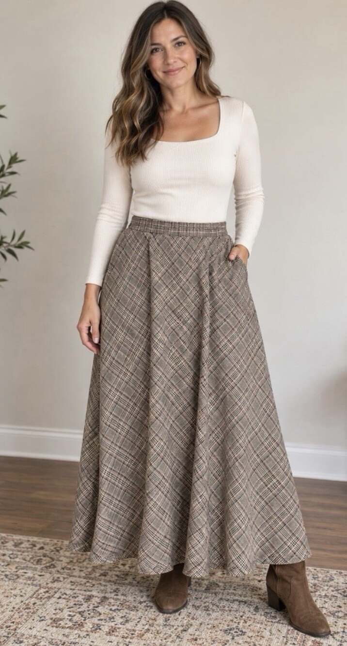 Eden & Olivia XL Plaid Maxi Skirt Elastic Waist Brown Tan Academia 40”